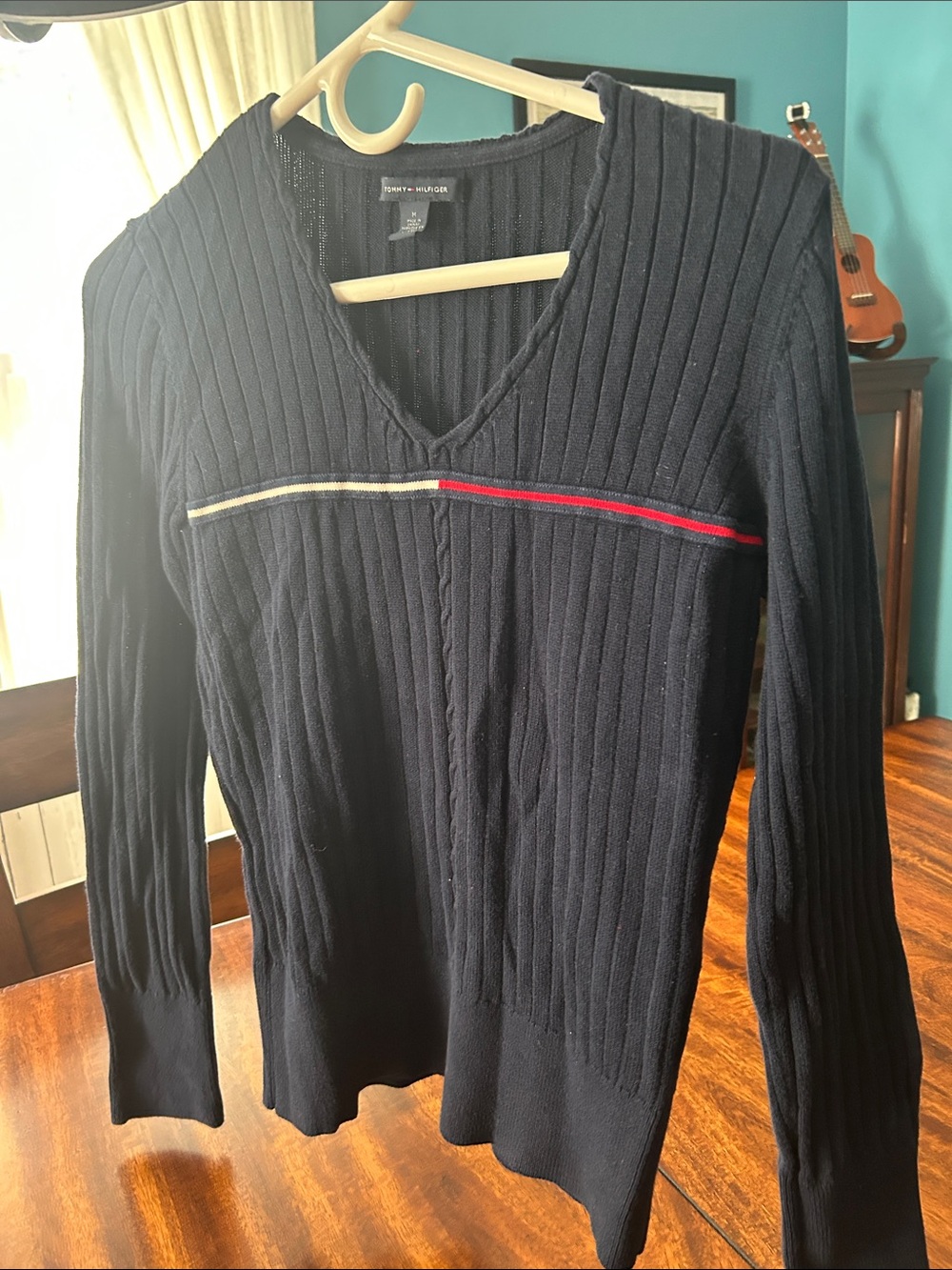 Tommy Hilfiger Navy V‑Neck Sweater with Red and Cream Trim